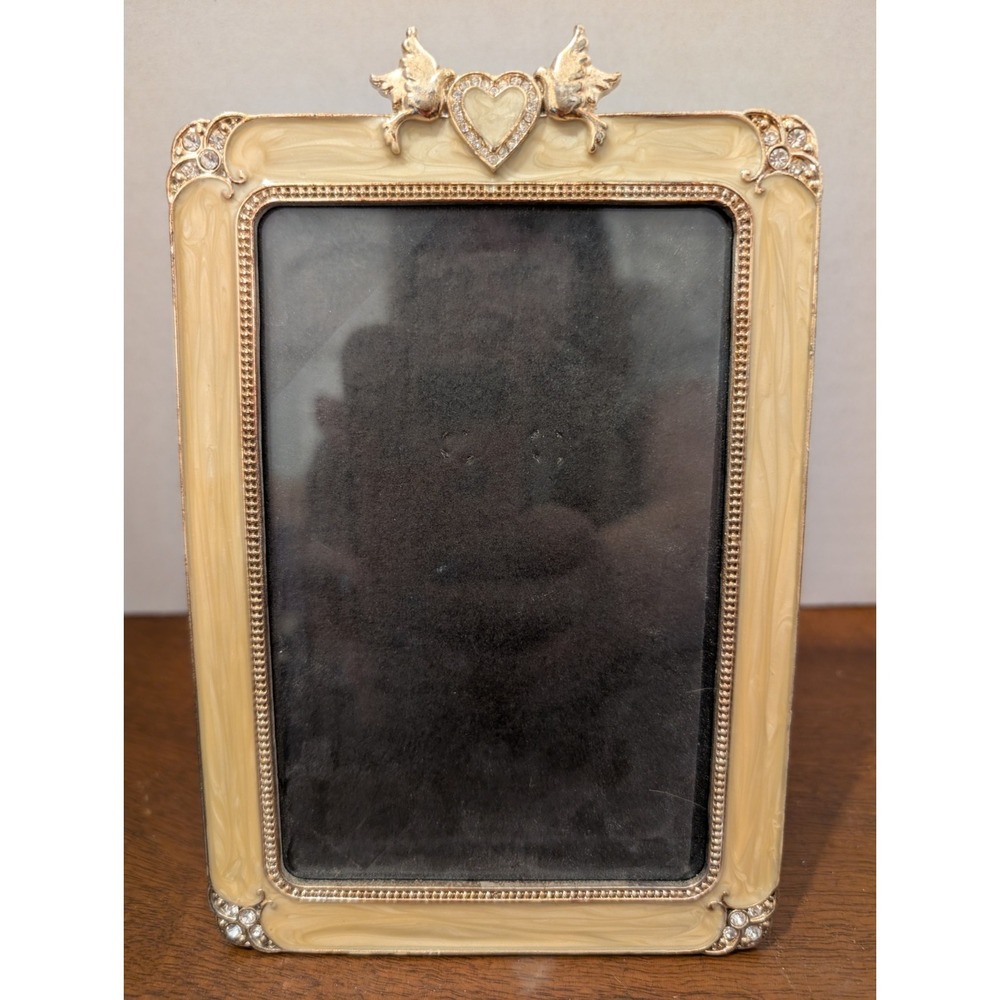 4x6 Enamel & Metal Frame With Heart & Doves, Rhinestones On Corners & Heart